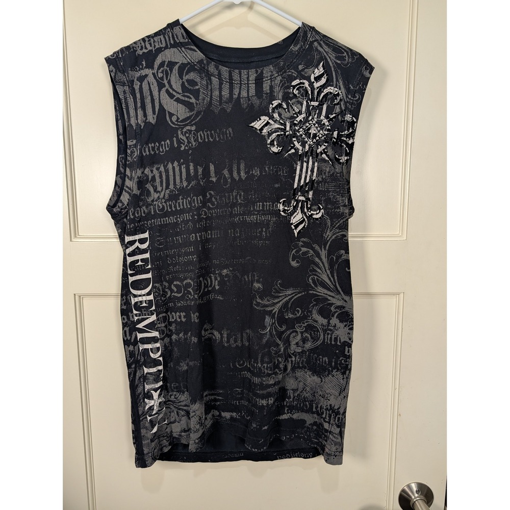 Raw State Premium Mens Large Black Sleeveless Muscle Shirt Winged Cross Y2K Tee